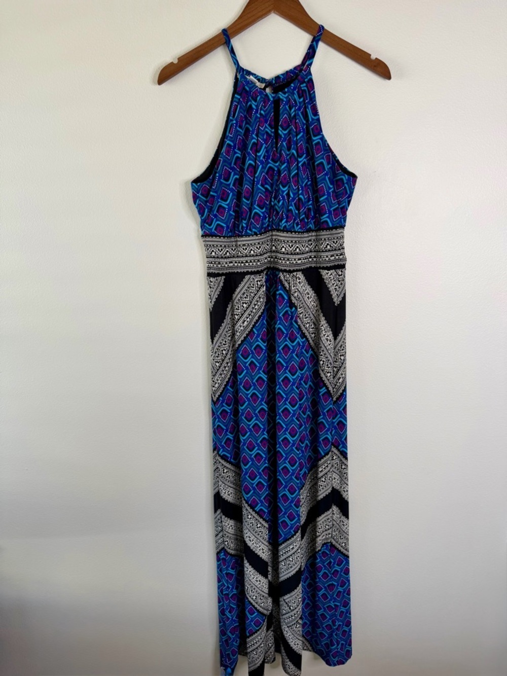 London Times Blue Geometric Halter Maxi Dress Size 4 Boho Resort Vacation Style‎ - Picture 3 of 7